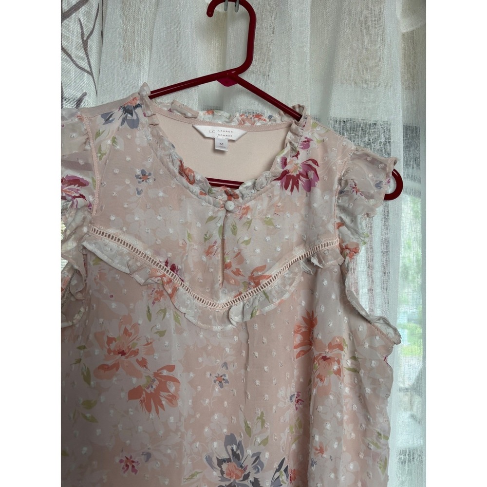 LC Lauren Conrad Peach Floral Swiss Dot Ruffle Sleeveless Blouse Medium - Picture 3 of 6